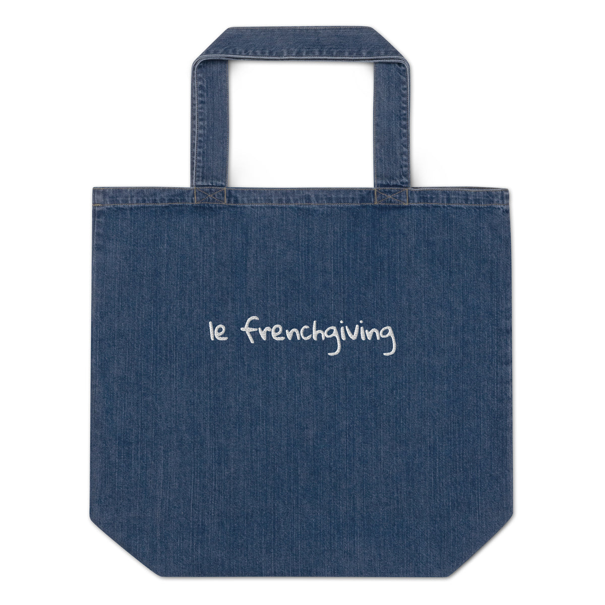 A blue denim tote bag with 'le frenchiving' embroidered in white script on the front, set against a plain white background.