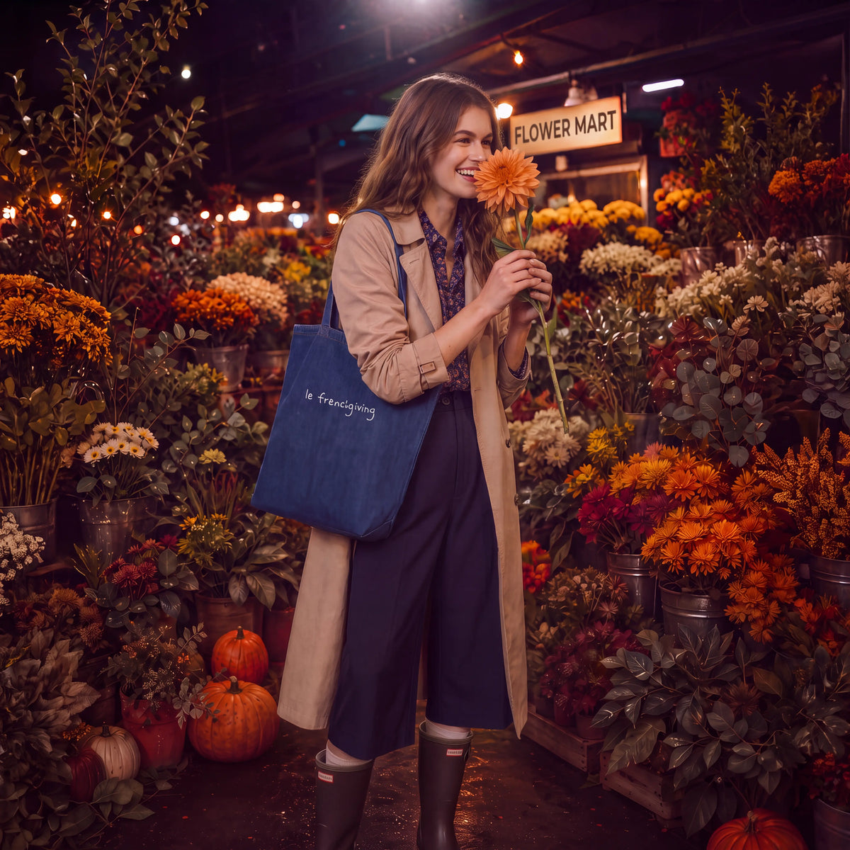 Woman in a flower mart holding flower to her nose and smiling wearing a trench coat, coulottes, rain boots with a denim tote over her shoulder with white embroidered text "le frenchgiving"