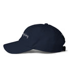 Navy cap with white text on a white background