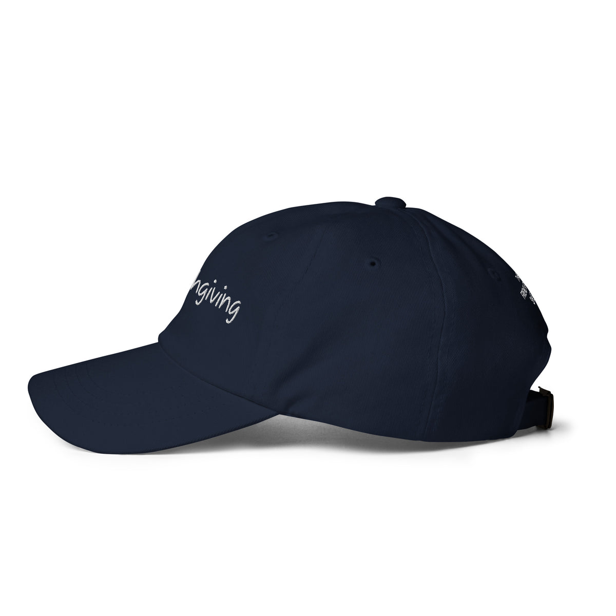 Navy cap with white text on a white background
