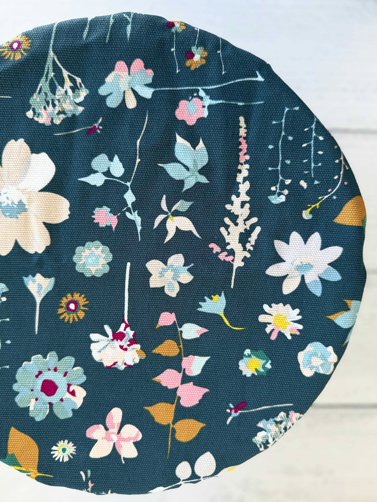 Floral-patterned fabric on a circular object with a white background