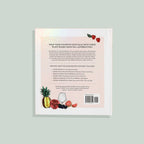Back cover of a book with text and fruit illustrations on a light gray background