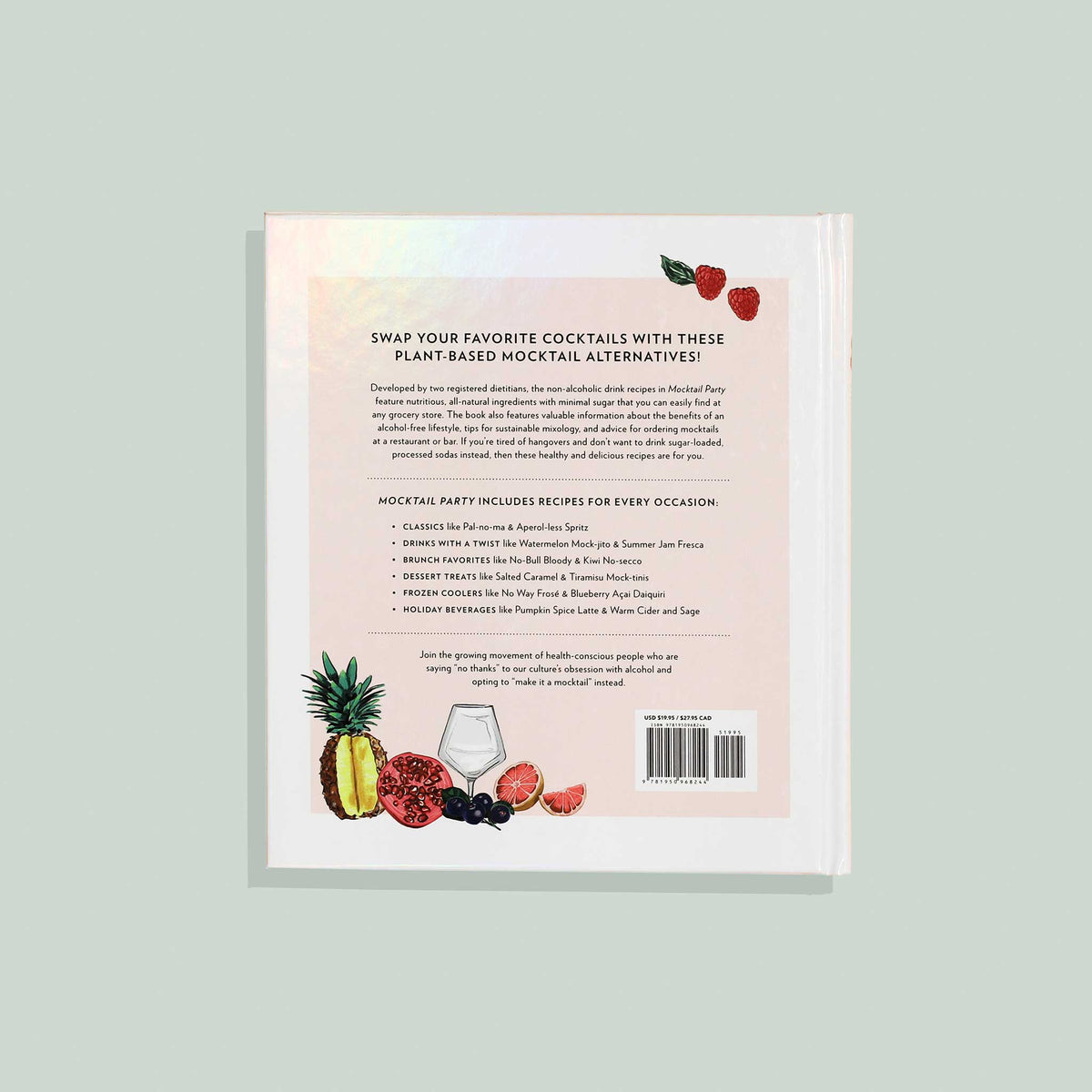 Back cover of a book with text and fruit illustrations on a light gray background