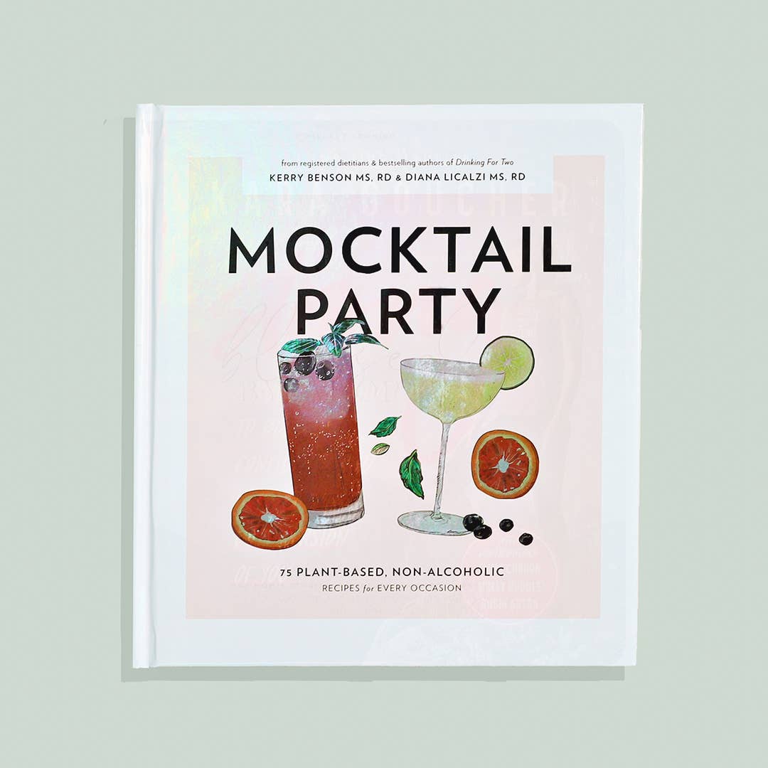 Book titled 'Mocktail Party' with illustrations of cocktails on a light gray background