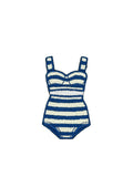 Blue and white striped swimsuit on a white background