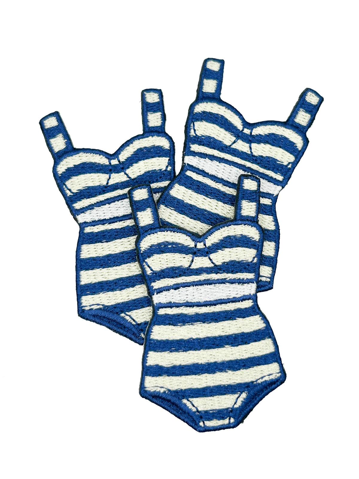 Two blue and white striped swimsuits on a white background