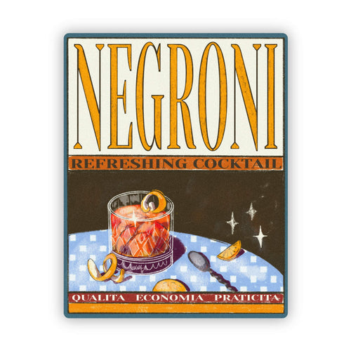 A square metal tin sign featuring a vintage-style illustration of a Negroni cocktail. The design has a cream background at the top with large gold 'NEGRONI' lettering, a dark brown middle section with an illustration of the cocktail, orange peel curls, and a blue-and-white checkered table, and an orange banner at the bottom with Italian text.