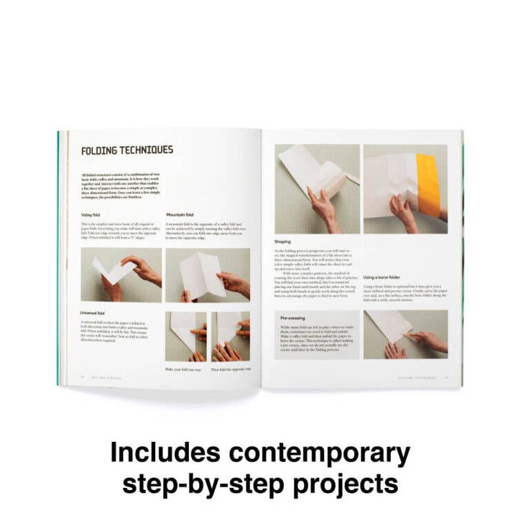 Open book showing step-by-step folding techniques with text 'Includes contemporary step-by-step projects'.