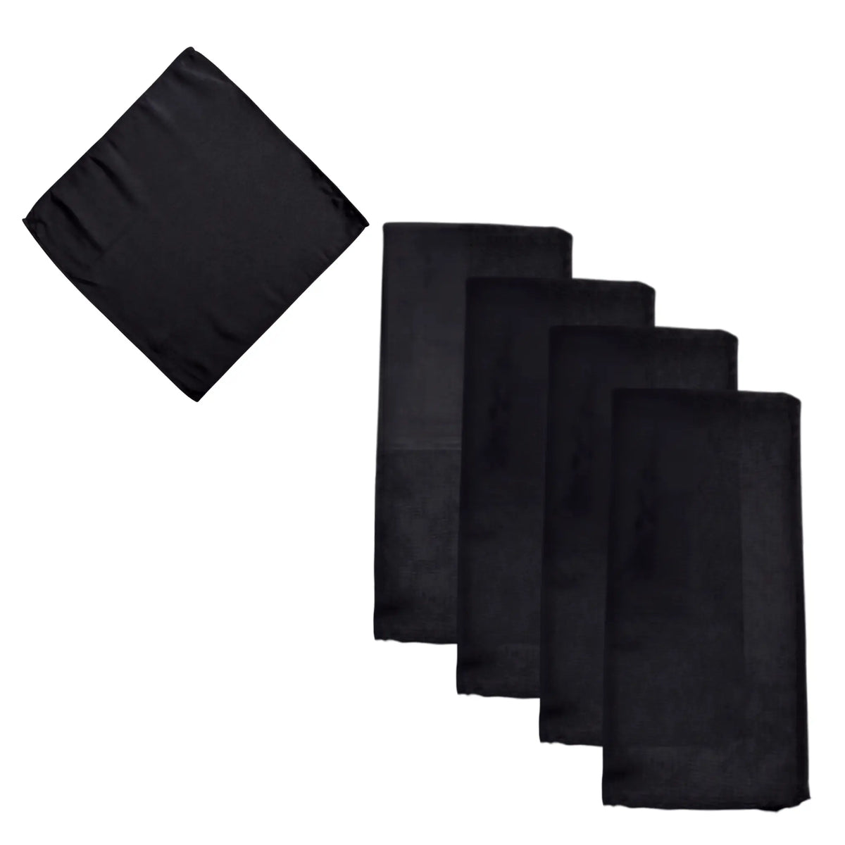 Five black square napkins, with four folded and stacked and one unfolded showing the fabric texture, on a plain white background.