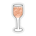 A die-cut sticker featuring an illustration of a wine glass filled with pale pink liquid and the phrase 'Rosé alle Day' in peach script, shown on a plain white background.