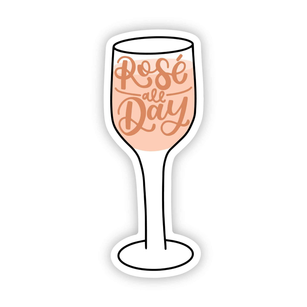 A die-cut sticker featuring an illustration of a wine glass filled with pale pink liquid and the phrase 'Rosé alle Day' in peach script, shown on a plain white background.