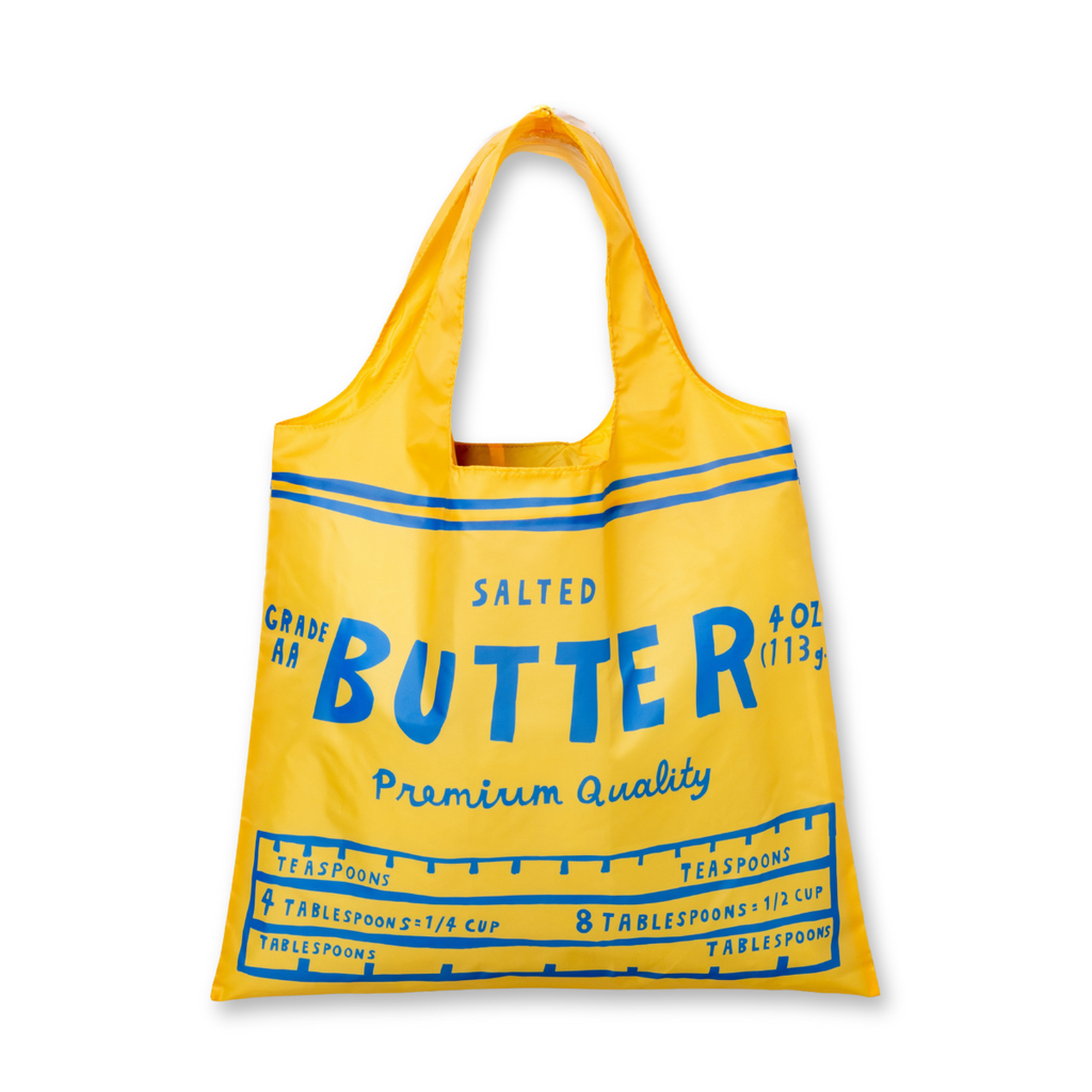 Yellow tote bag designed to look like a butter container with blue text on a white background