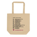 A beige canvas tote bag with black printed text listing 'SAVE THE DATE' dates and a small pink heart logo at the bottom, shown on a plain white background.