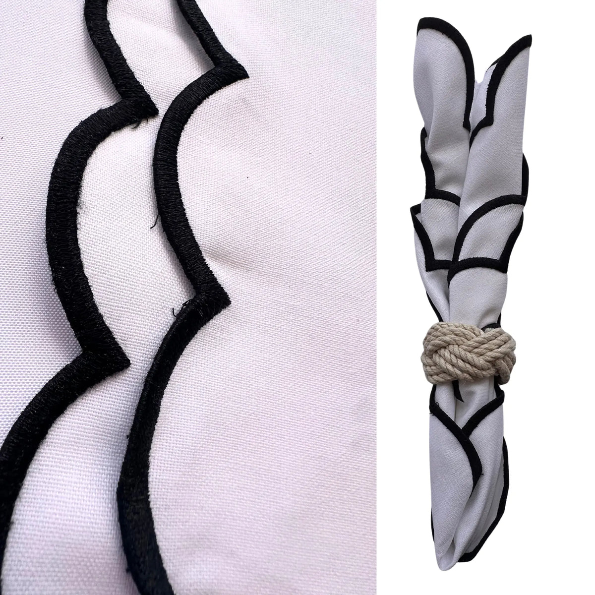 A white fabric napkin with black scalloped trim, shown in a close-up detail view on the left and folded with a rope tie on the right, against a white background.