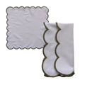A set of white fabric cloths with scalloped edges, including one unfolded cloth and one folded cloth, both featuring a dark olive green trim, shown on a plain white background.
