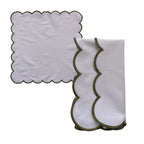 A set of white fabric cloths with scalloped edges, including one unfolded cloth and one folded cloth, both featuring a dark olive green trim, shown on a plain white background.