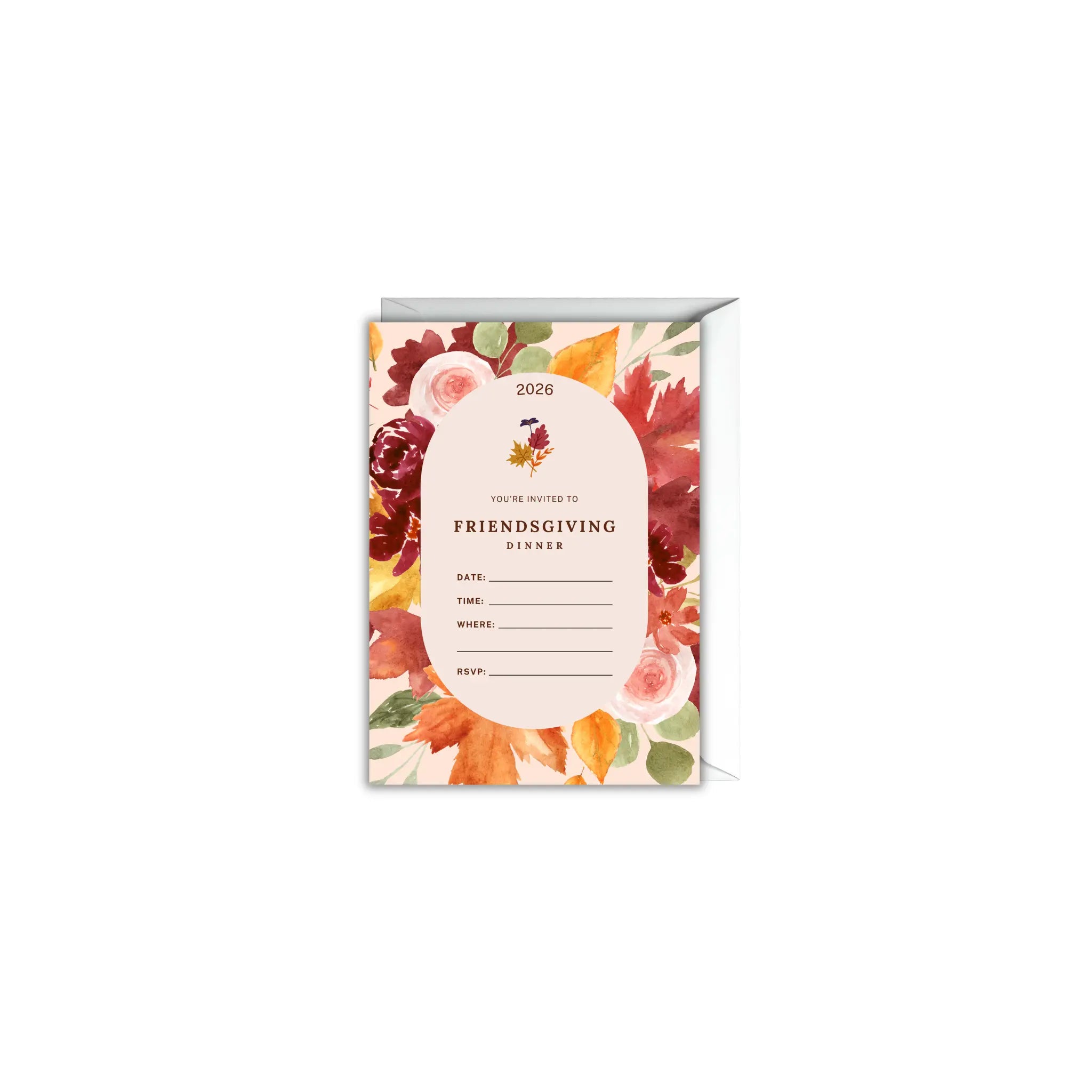 Invitation card for a Friendsgiving dinner with autumn-themed design on a white background