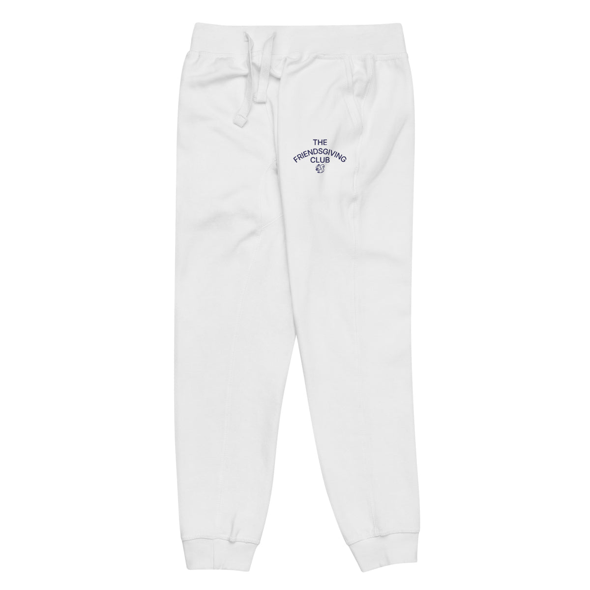 White sweatpants with a logo on a white background