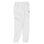 White sweatpants with a brand logo on a white background