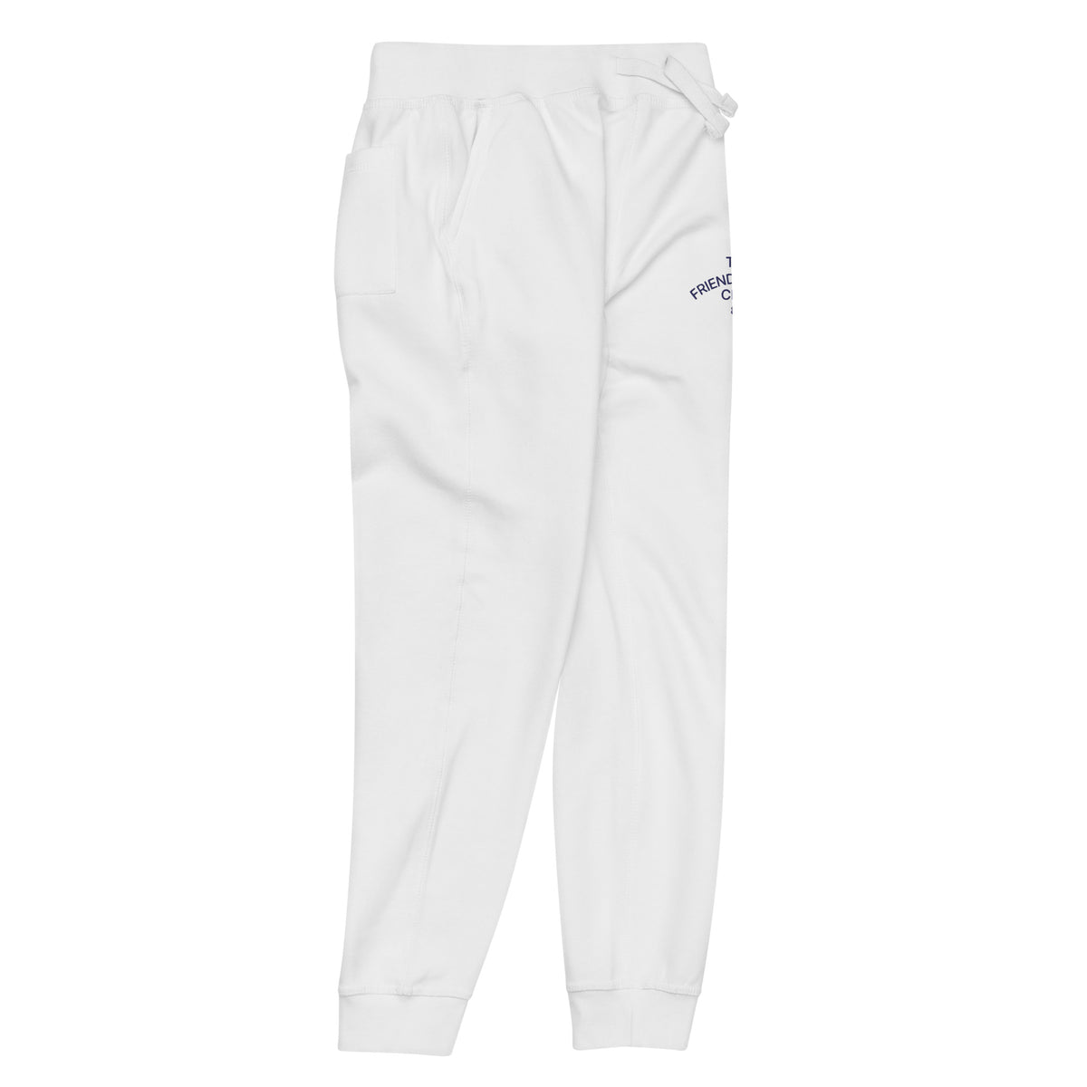 White sweatpants with a brand logo on a white background