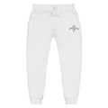 White sweatpants with a drawstring waist and a small navy blue embroidered graphic on the upper left thigh that reads 'THE FRENCHTOOTH CLUB CO'.