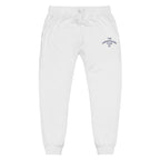 White sweatpants with a drawstring waist and a small navy blue embroidered graphic on the upper left thigh that reads 'THE FRENCHTOOTH CLUB CO'.