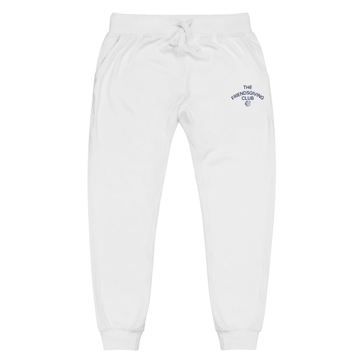 White sweatpants with a drawstring waist and a small navy blue embroidered graphic on the upper left thigh that reads 'THE FRENCHTOOTH CLUB CO'.