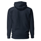 Navy hoodie shown from the back on a white background