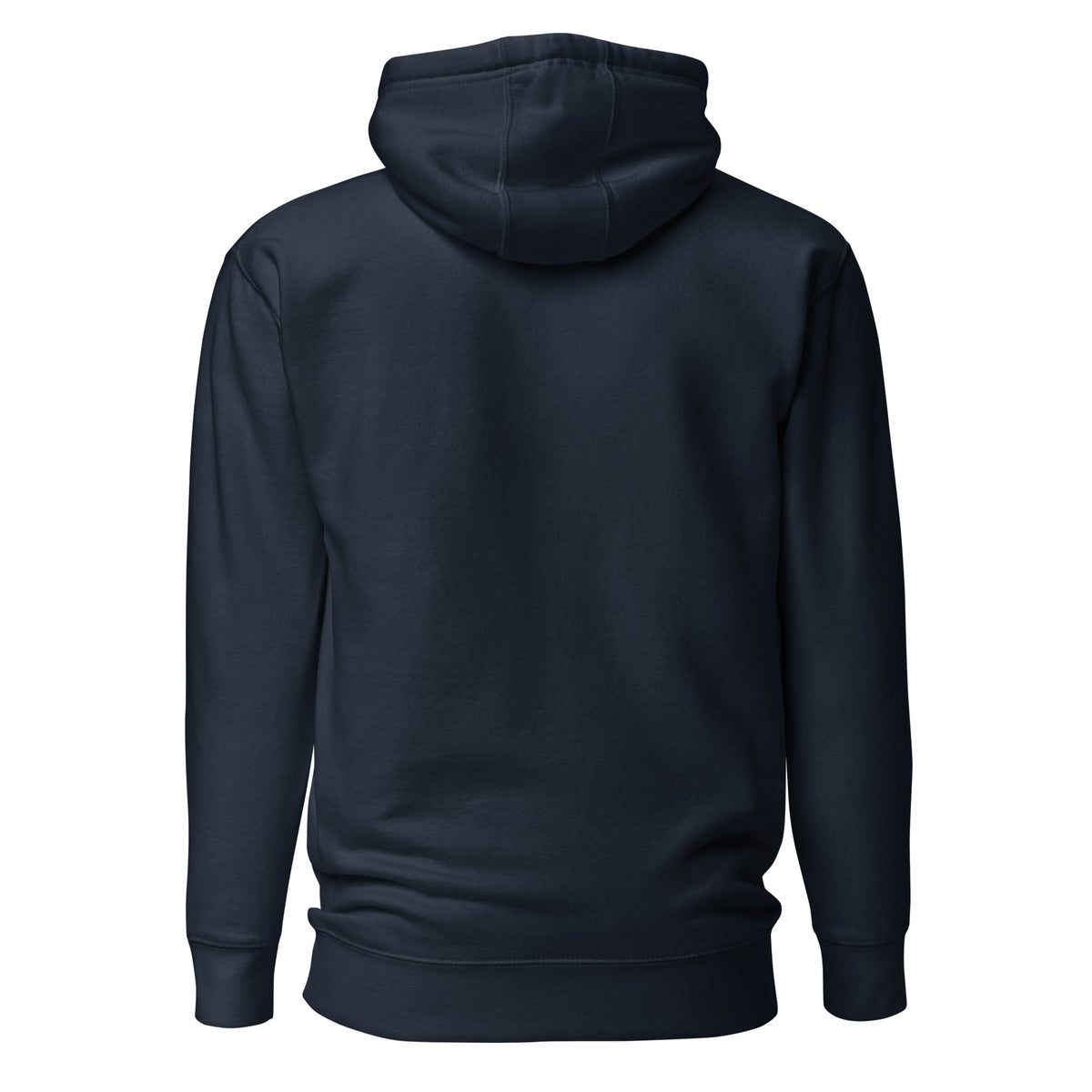 Navy hoodie shown from the back on a white background