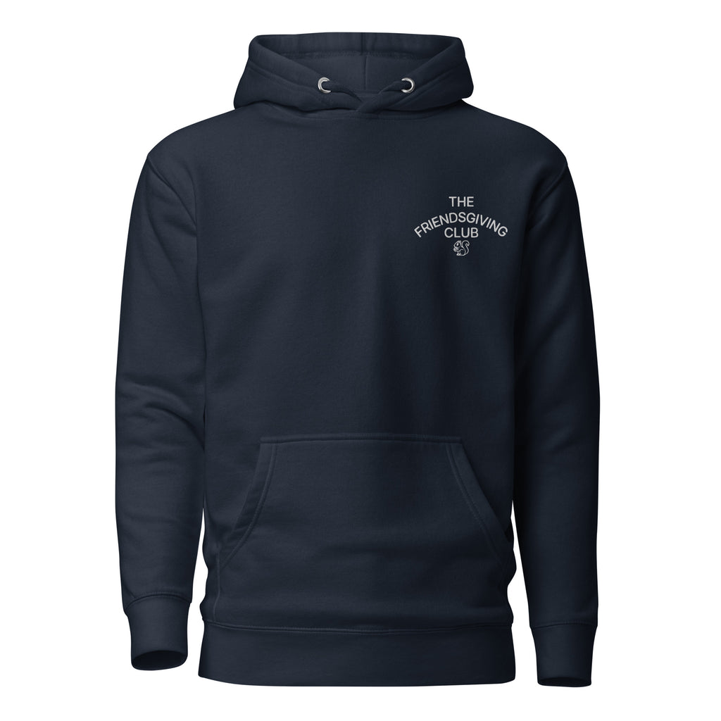 Navy blue hoodie with 'TheFriendsgivingClub' text on a white background