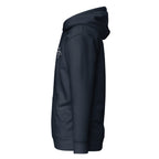 Navy hoodie with a logo on the chest against a white background