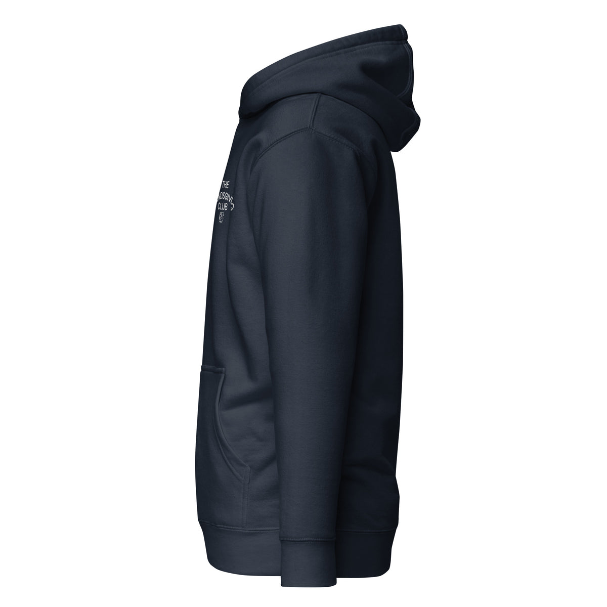 Navy hoodie with a logo on the chest against a white background