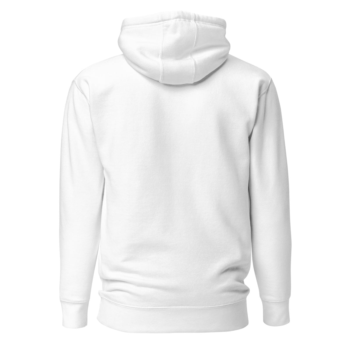 A plain white pullover hoodie shown from the back, photographed on a clean white background.