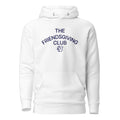 A white pullover hoodie with 'THE FRIENDSGIVING CLUB' embroidered in navy blue text and a small squirrel logo on the chest, shown against a plain white background.