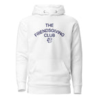 A white pullover hoodie with 'THE FRIENDSGIVING CLUB' embroidered in navy blue text and a small squirrel logo on the chest, shown against a plain white background.