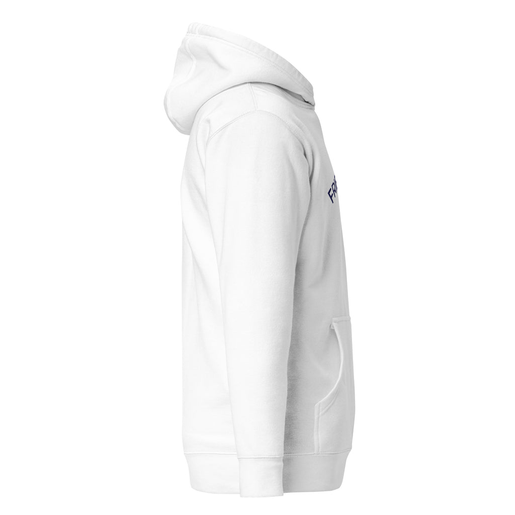 A white pullover hoodie shown from the side profile against a plain white background, featuring a small dark blue graphic on the upper sleeve.