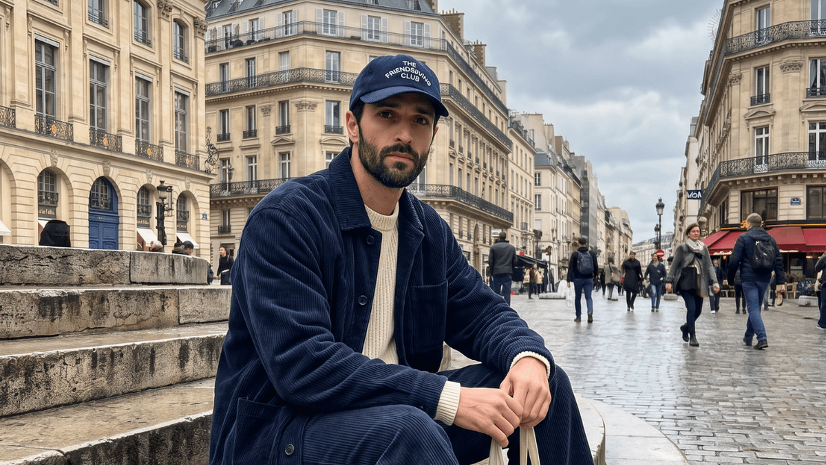 man sitting on steps in Paris wearing blue jacket and pant and navy corduroy cap with text "The Friendsgiving Club"