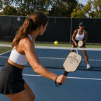 Two women playing pickleball on an outdoor blue court, with one in the foreground holding a paddle that reads 'THE FRENCHGIVING CLUB' and the other waiting for the ball in the background.