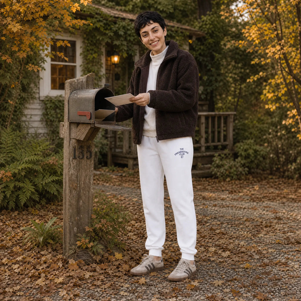 A woman standing outdoors next to a mailbox on a leaf-covered driveway, wearing a dark brown fleece jacket, white turtleneck, white sweatpants with text The Friendsgiving Club in Navy, and gray sneakers, while holding a piece of paper.
