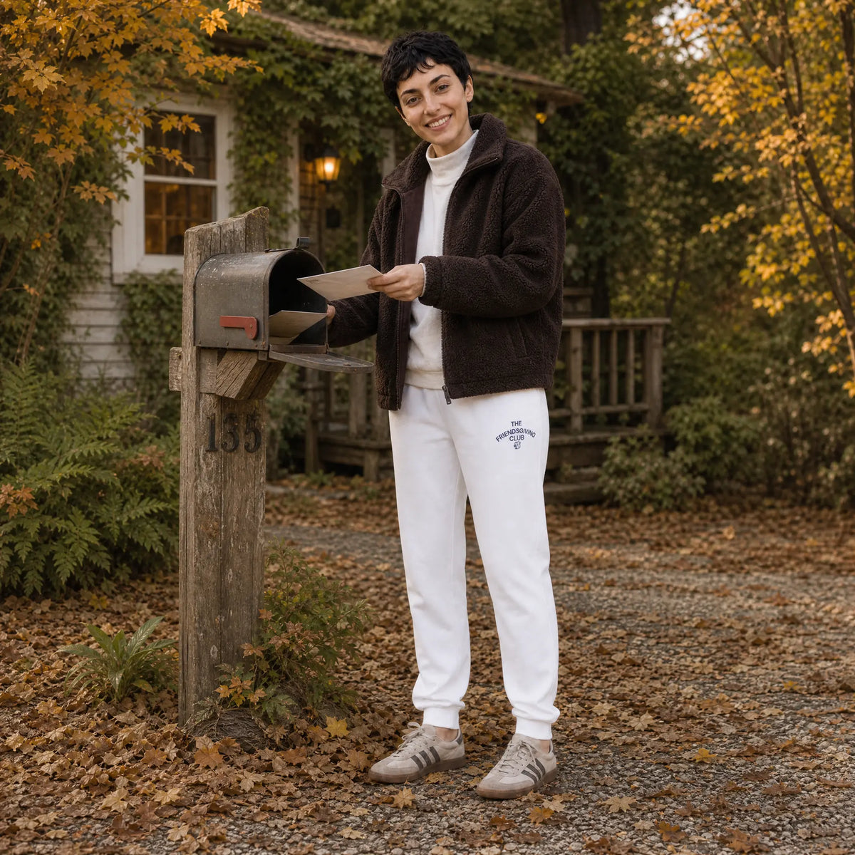 A woman standing outdoors next to a mailbox on a leaf-covered driveway, wearing a dark brown fleece jacket, white turtleneck, white sweatpants with text The Friendsgiving Club in Navy, and gray sneakers, while holding a piece of paper.