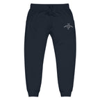 A pair of dark navy sweatpants with a drawstring waist and a small white embroidered logo on the upper right hip, displayed against a solid white background.