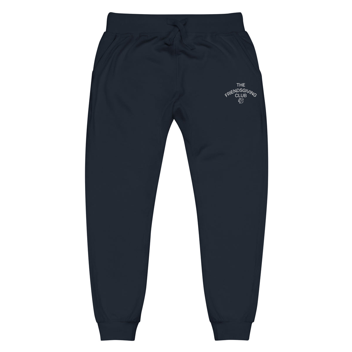 A pair of dark navy sweatpants with a drawstring waist and a small white embroidered logo on the upper right hip, displayed against a solid white background.
