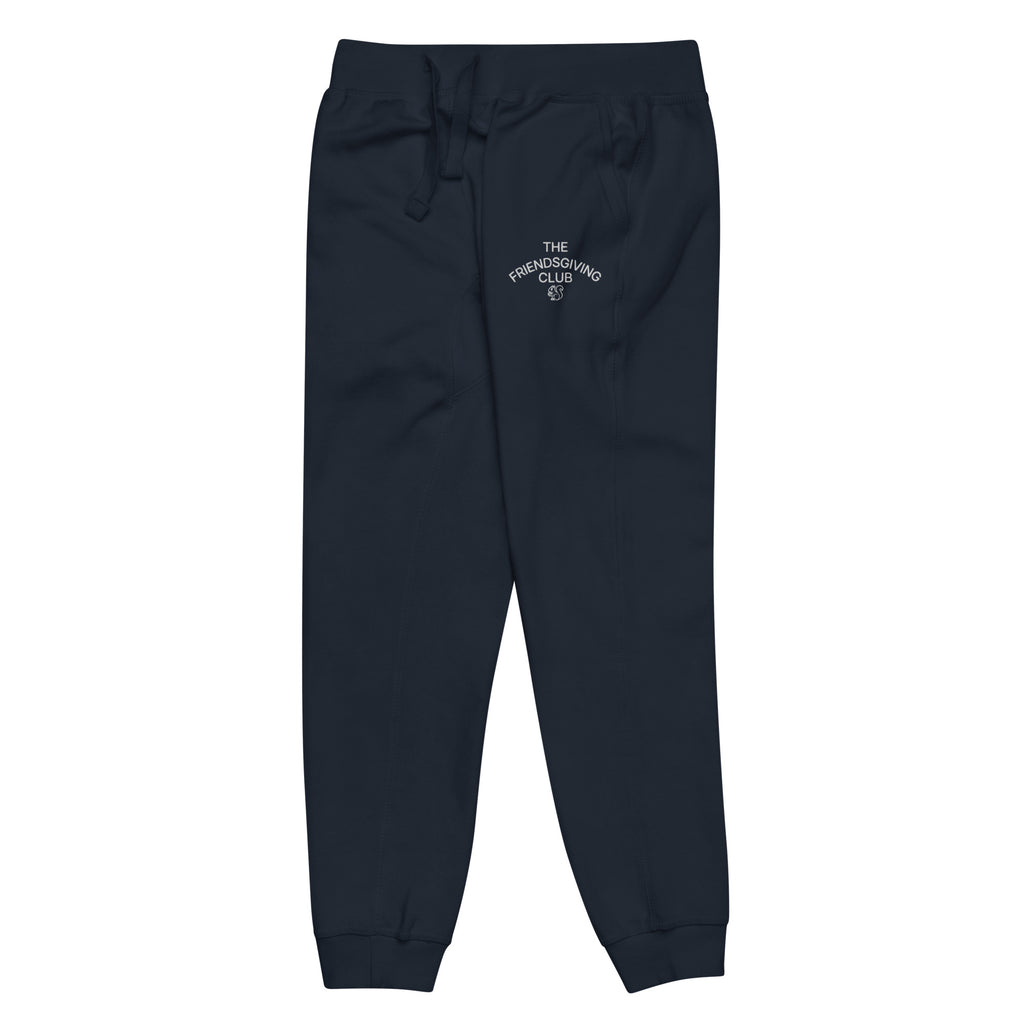 Navy sweatpants with a logo on a white background