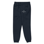 Navy sweatpants with a logo on a white background