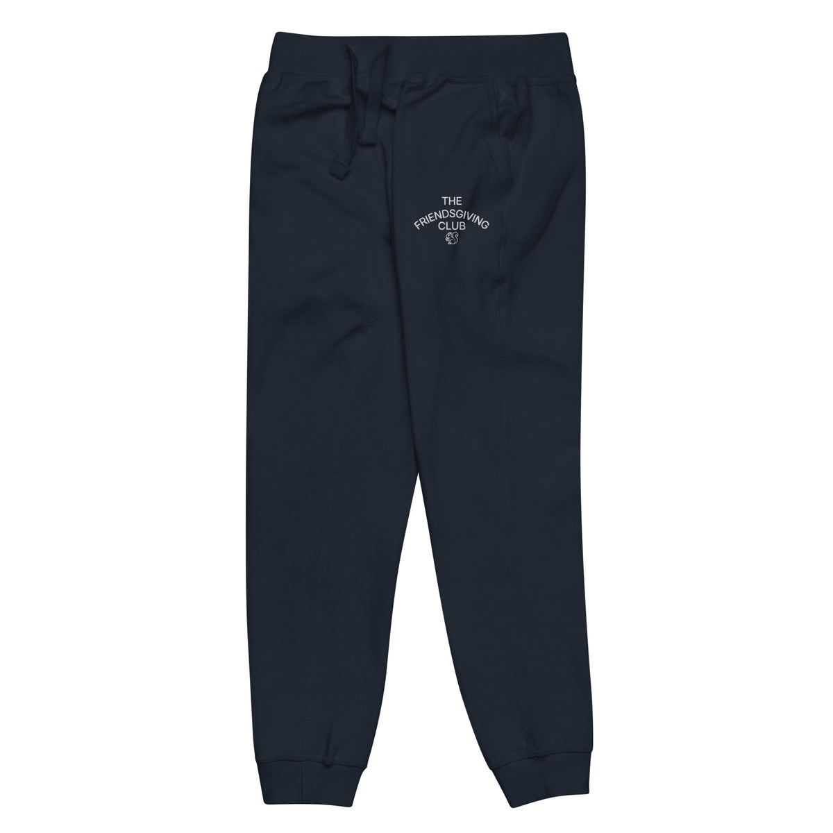 Navy sweatpants with a logo on a white background