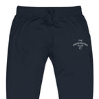 Navy pants with a white logo on a white background