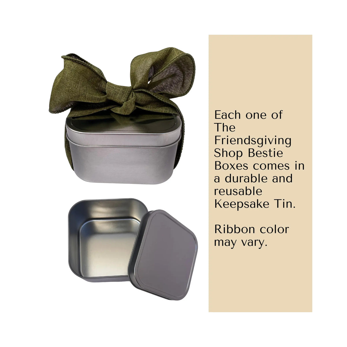 A reusable square metal keepsake tin shown closed with an olive green ribbon bow and open, with a beige text panel on the right describing the product.