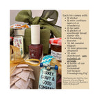 A gift set collage showing multiple packaged items including a large olive green bow, a bottle of burgundy nail polish, a jar of preserves, a patterned fabric bag, a small red-and-white checkered item, and a blue skateboard with a sign reading 'Turkey, Gravy & Good Company.' Text on the right lists included items and notes that the mini skateboard is only included on upgrade.