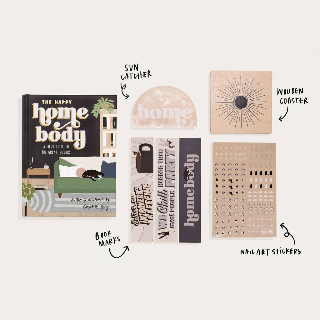 Collection of home-themed products including a book, sun catcher, wooden coaster, bookmarks, and nail art stickers on a white background.