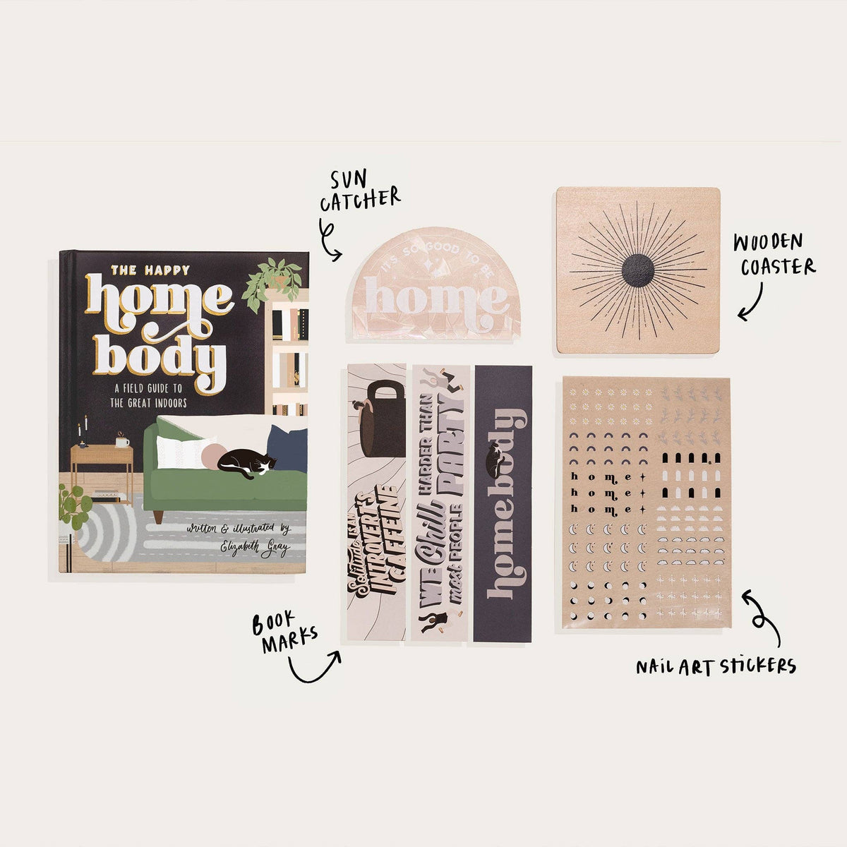 Collection of home-themed products including a book, sun catcher, wooden coaster, bookmarks, and nail art stickers on a white background.